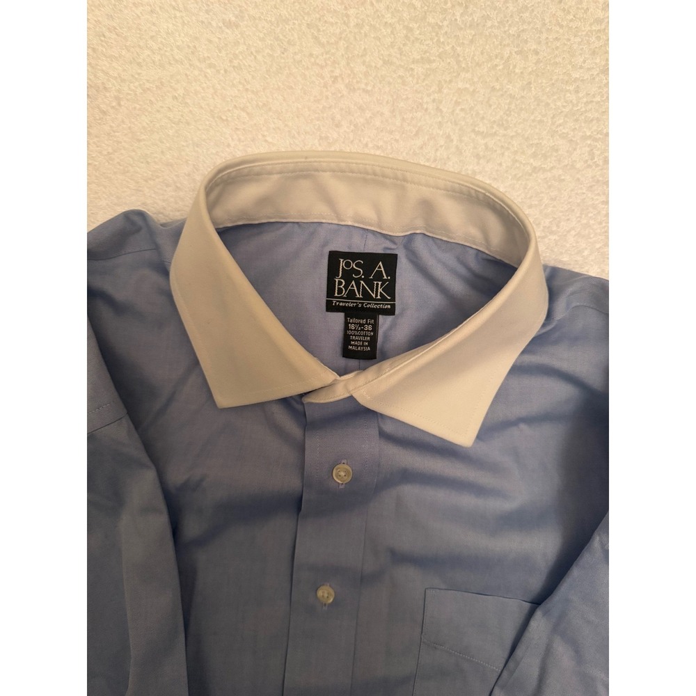 Jos. A. Bank men's shirt 16 1/2 x 36 tailored fit French cuff blue white collar